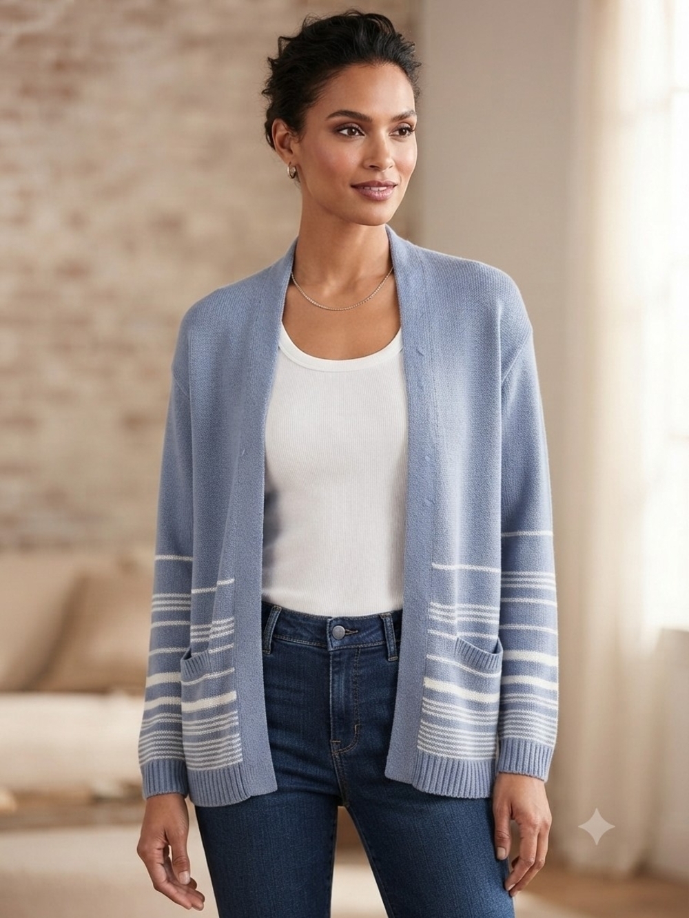 J. Jill Powder Blue Open-Front Cardigan with White Stripes